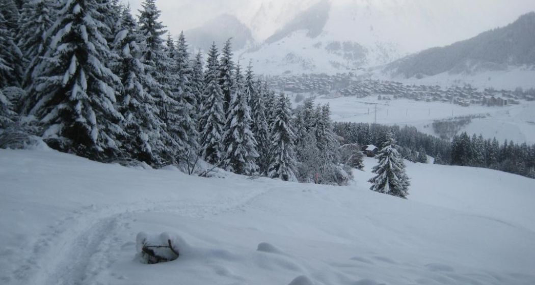 Bevor es in den Wald hinein geht, mit Sedrun im Hintergrund Bevor es in den Wald hinein geht, mit Sedrun im Hintergrund