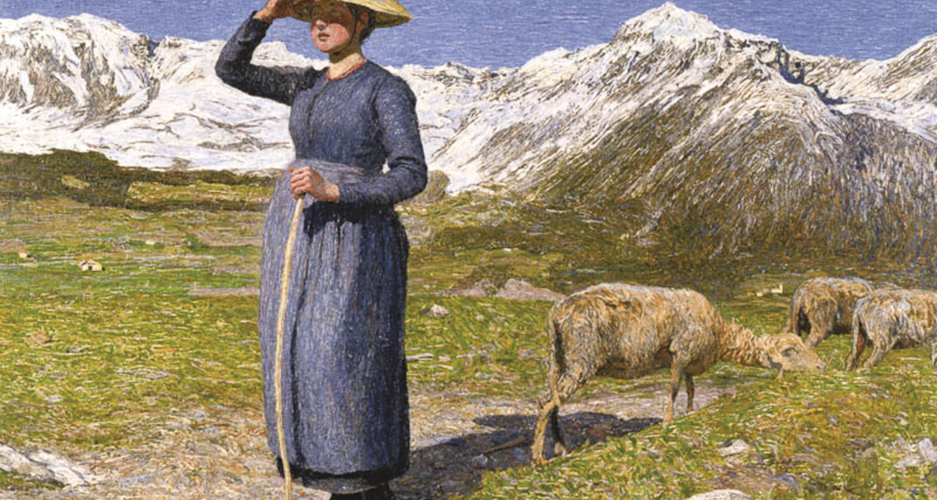Mezzogiorno sulle Alpi – Mittag in den Alpen, 1891: (77,5 × 71,5 cm, Öl auf Leinwand, Segantini Museum St.Moritz, Depositum der Otto Fischbacher Giovanni Segantini Stiftung). Mezzogiorno sulle Alpi – Mittag in den Alpen, 1891: (77,5 × 71,5 cm, Öl auf Leinwand, Segantini Museum St.Moritz, Depositum der Otto Fischbacher Giovanni Segantini Stiftung).
