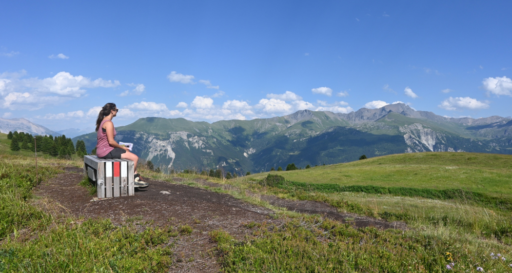 Beobachtungsbank beim Libi mit Aussicht in die Val Schons Beobachtungsbank beim Libi mit Aussicht in die Val Schons