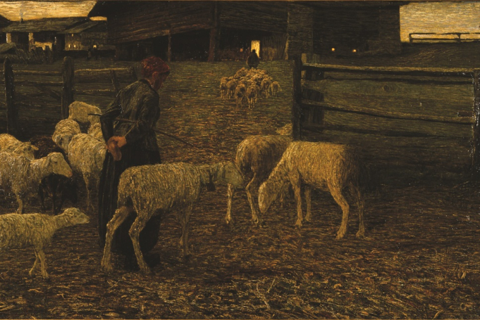 Ritorno all'ovile – Rückkehr zum Schafstall, 1888: (79,5×133 cm, Öl auf Leinwand, Segantini Museum St.Moritz, Depositum der Otto Fischbacher Giovanni Segantini Stiftung). Ritorno all'ovile – Rückkehr zum Schafstall, 1888: (79,5×133 cm, Öl auf Leinwand, Segantini Museum St.Moritz, Depositum der Otto Fischbacher Giovanni Segantini Stiftung).