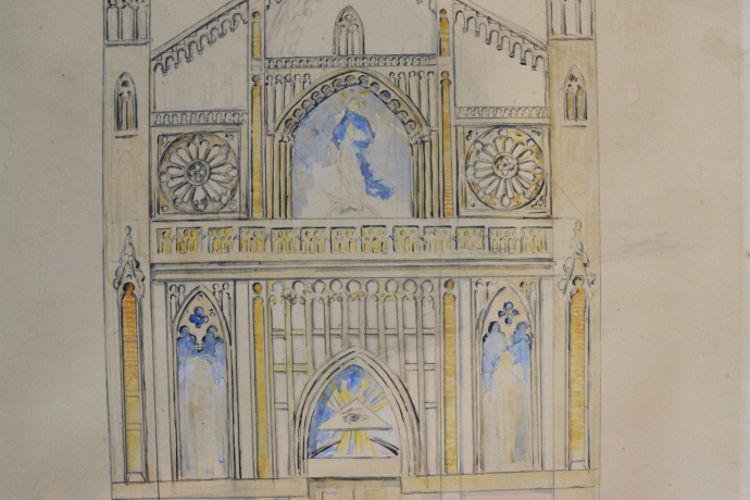 Skizze Fassadengestaltung Kirche Nossadonna, 1989: (49,8 × 39,6 cm, Tusche, Bleistift, Aquarell und Tinte auf Karton, Gemeinde Surses). Skizze Fassadengestaltung Kirche Nossadonna, 1989: (49,8 × 39,6 cm, Tusche, Bleistift, Aquarell und Tinte auf Karton, Gemeinde Surses).